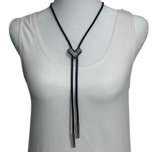 Boho Leather Heart Bolo Tie Necklace Women's Black Braided Cord Silver-tone Hear